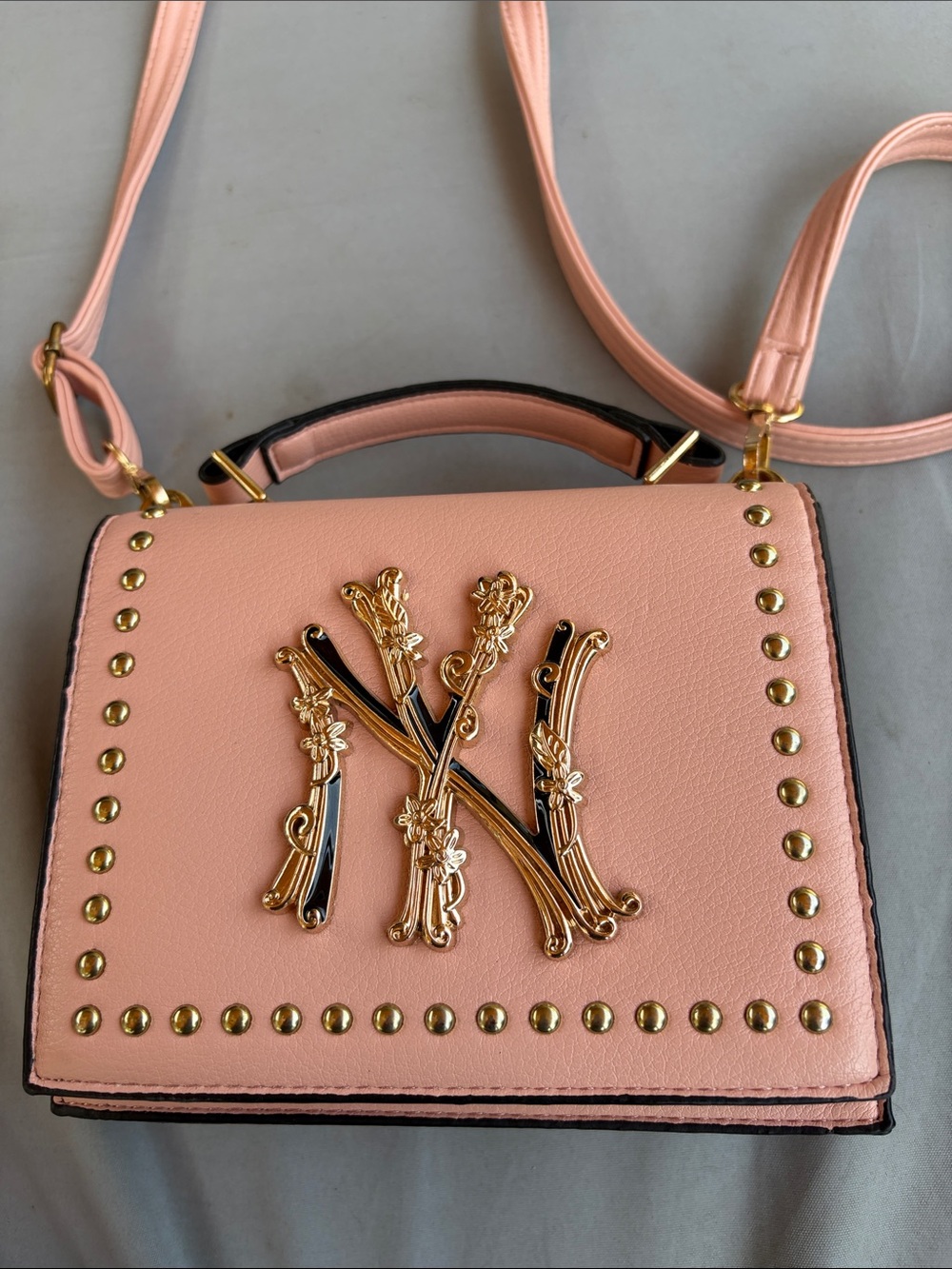 Peach Floral-Embellished Crossbody Handbag
